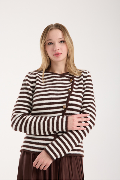 İLKCET MODA Asymmetrical Cut Brown Striped Women's Cardigan