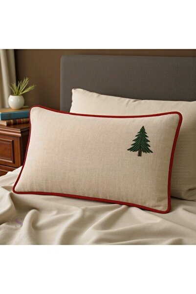 shules collection Pine Tree Embroidered Fluffed Buldan Linen Pillowcase (50X70) 1 Piece
