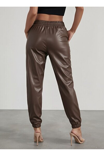 JANES Women's High Waist Elastic Front Buttoned Leather Pants