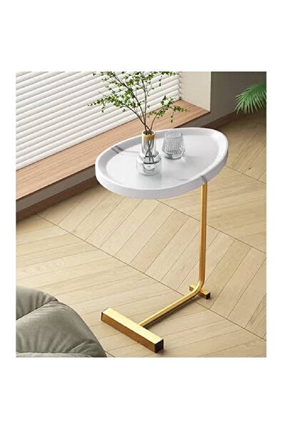 NKX Side Table Concave White Top and Gold Frame For Home Decoration 60cm