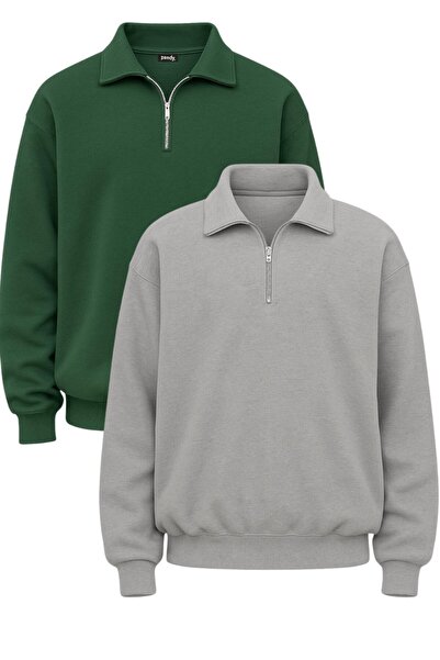 pandy 2'li Üç İplek Kompakt Polo Yaka %100 Pamuk Oversize Sweatshirt
