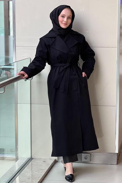 Nuss Double-Breasted Full Length Trench Coat with Collar and Belt Slit