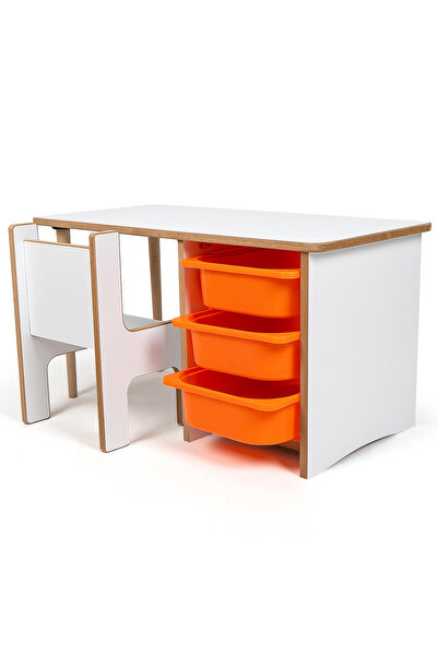 3 Çekmeceli Çocuk Etkinlik Masası - Beyaz MDF - Turuncu Çekmeceli - 18mm 1.Sınıf MDF