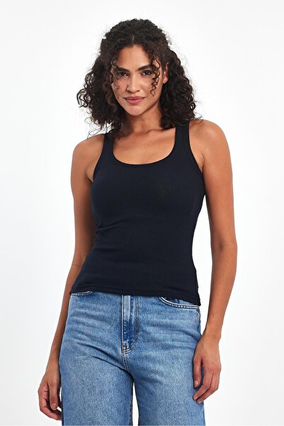 COMEOR Women's Navy Blue Corded Look Thick Basic Undershirt with Straps