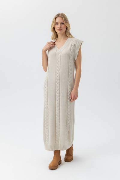 NEWCO V-Neck Sleeveless Knit Patterned Midi Knitwear Dress Soft Texture & Loose Fit