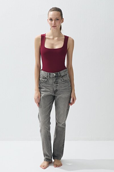 TUBİA Body pentru femei, culoare burgundă, cu decolteu pătrat nasturi