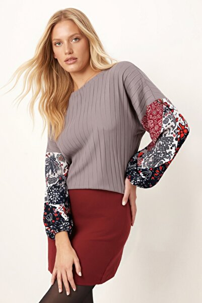 armonika Women's Light Beige Sleeve Patterned Balloon Knit Sweater Arm-20K081001