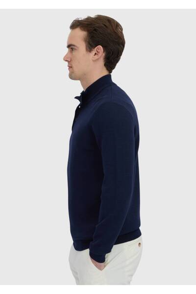 Ramsey Navy Blue Polo Neck Plain Knit Sweater