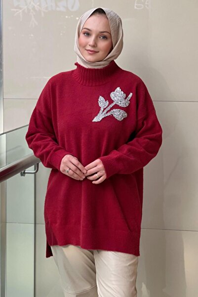 Nuss Zero Neckline Tulip Stone Embroidered Angora Tunic