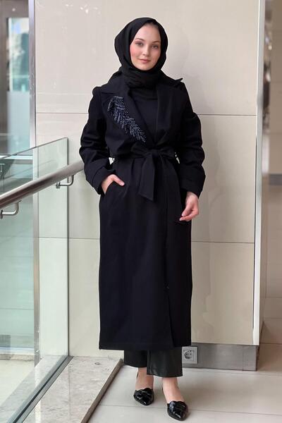 Nuss Double-Breasted Trench Coat with Beaded Collar