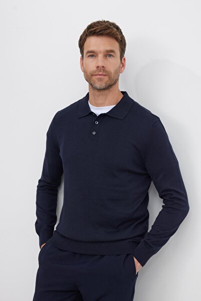 Tudors Men's Standard Fit Regular Cut Cotton Polo Neck Navy Blue Sweater