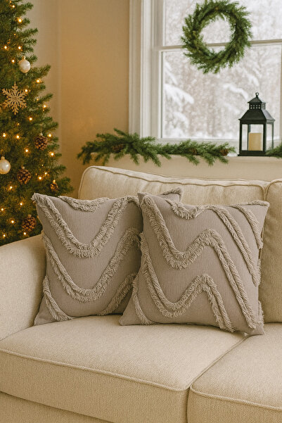 Uğur Home Ev Tekstili 2-Piece Furry and Patterned Throw Pillow Cover - 40X40Cm and 45X45Cm Stylish and Comfortable Decorative Pillow