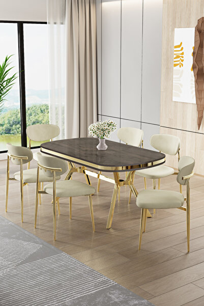 Canisa Olya Serisi 90x168 Lak Panel Antrasit İroni Masa Takımı Gold Ayaklı 6 ...