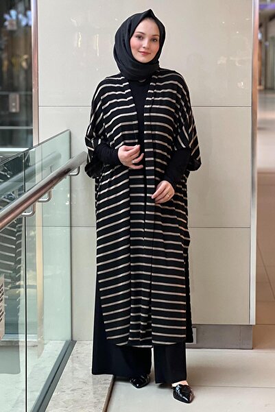 Nurcan Çetin Horizontal Striped Cap Inner Tunic Pants 3-Piece Set