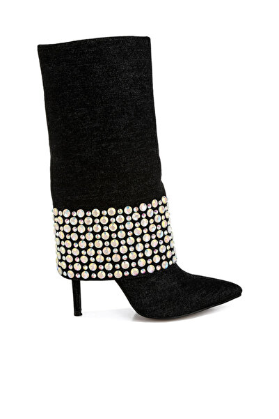 london Rag حذاء جينز نسائي مرصع بالألماس وأحجار الراين باللون الأسود