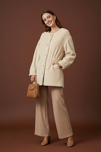Loreen Women's Front Buttoned Waist Detailed Plush Coat -20723Kbn - Beige