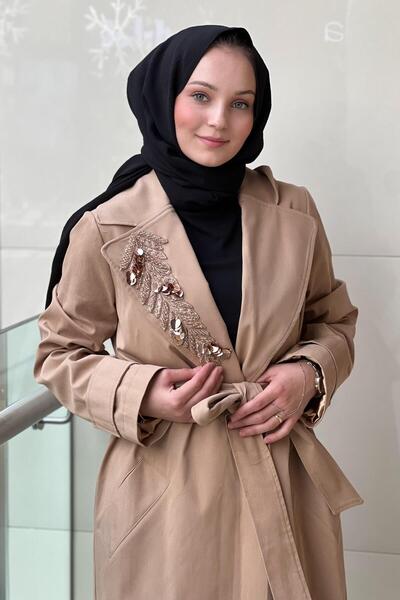 Nuss Double-Breasted Trench Coat with Beaded Collar