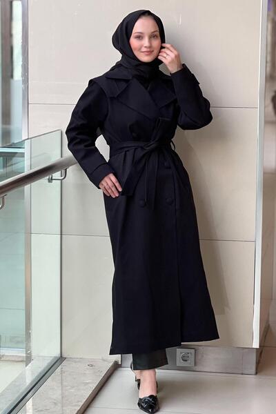 Nuss Double-Breasted Full Length Trench Coat with Collar and Belt Slit