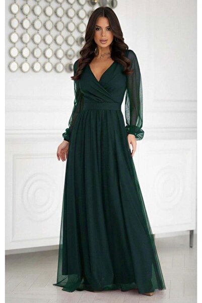MAREANDPANDA Women's Long Sleeve Double-Breasted Collar Waist Belted Tulle Long Imported Crepe Dress