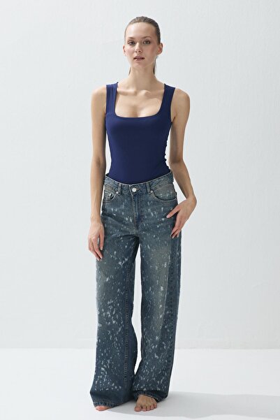 TUBİA Body pentru femei, culoare bleumarin, cu decolteu pătrat nasturi