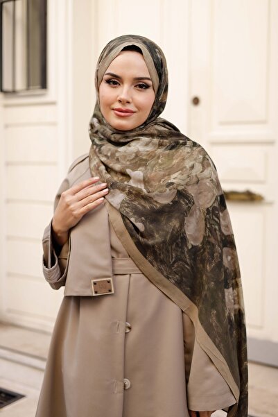 ipekistanbul 100% Organic Cotton Shawl - Rose Pattern - Khaki Green