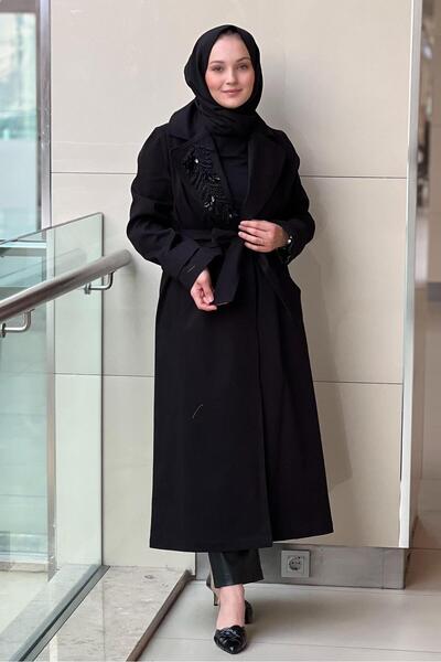 Nuss Double-Breasted Trench Coat with Beaded Collar