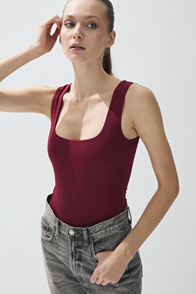 TUBİA Body pentru femei, culoare burgundă, cu decolteu pătrat nasturi
