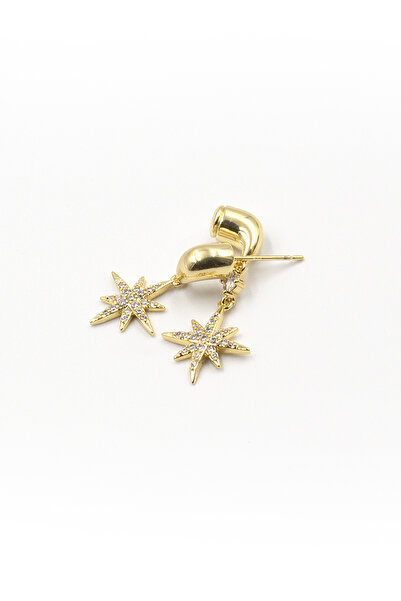 Sose Moda Double North Star Dangle Gold Earrings – Zircon Stone, Stylish and Screw-Back Design