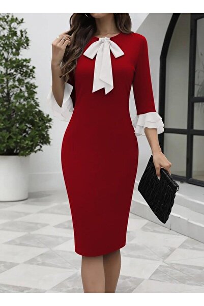 HAZEGO Women's Three Quarter Sleeve Bow Collar Midi Imported Crepe Dress