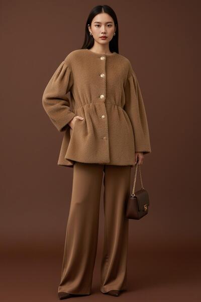 Loreen Women's Front Buttoned Waist Detailed Plush Coat -20723Kbn - Camel