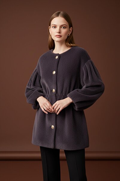 Loreen Women's Front Buttoned Waist Detailed Plush Coat -20723Kbn - Antracite