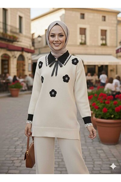 SAYZEN Shirt Collar Brooched Top-Bottom 2-Piece Knitwear Set