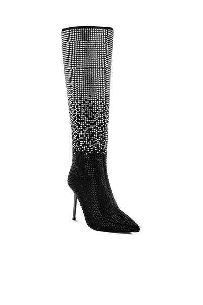 london Rag Women Shiny Rhinestone Studded Calf Boots in Black