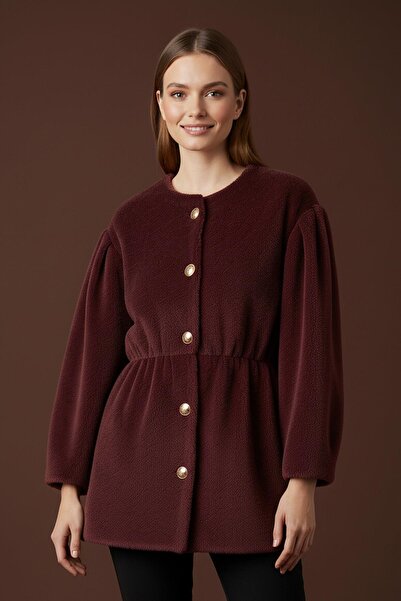 Loreen Women's Front Buttoned Waist Detailed Plush Coat -20723Kbn - Burgundy