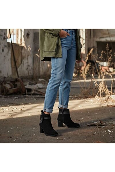 NE&VE SHOES Siyah Süet Hakiki Deri Tokalı Kalın Topuklu Kadın Günlük Bot