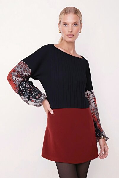 armonika Women's Dark Navy Blue Sleeve Patterned Balloon Knit Sweater Arm-20K081001