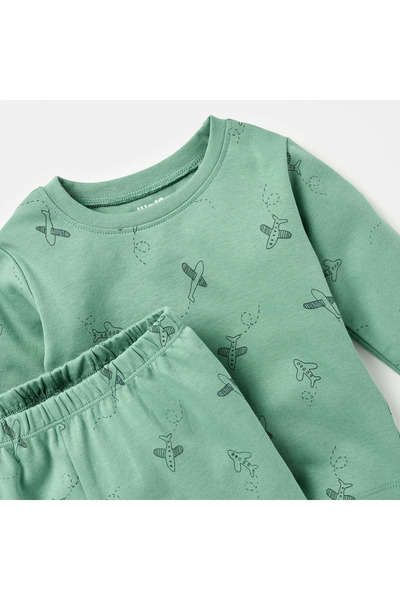 Juniors All-Over Plane Print Long Sleeves T-shirt and Elasticated Pyjama Set
