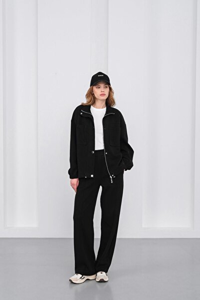 Basicpark Black Women's Pique Textured Waist Adjustable Oversized Jacket Pants Set