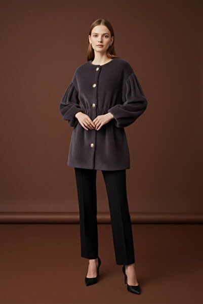 Loreen Women's Front Buttoned Waist Detailed Plush Coat -20723Kbn - Antracite