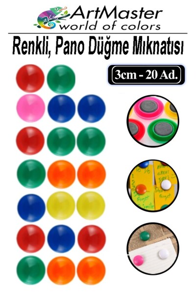 Artmaster Pano Düğmesi Mıknatısı Renkli 20 Li 1 Paket Buzdolabı Dekorasyon Ma...