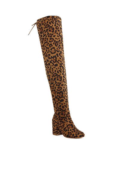 london Rag حذاء نسائي طويل حتى الركبة بتفاصيل رباط بسيطة بلون جلد النمر