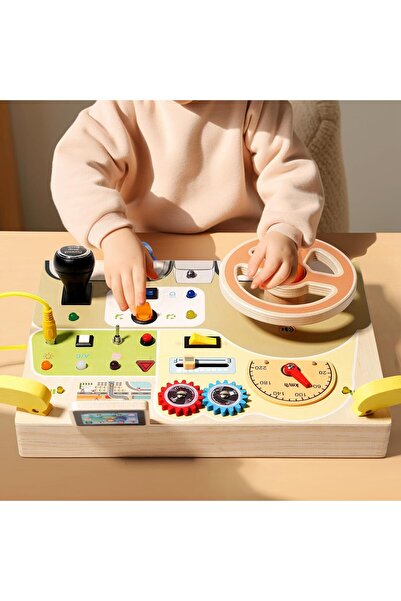 lil munchkins Wooden Busy Board for Kids Montessori Switch Toy Analog Steering Wheeling Circuit with Light
