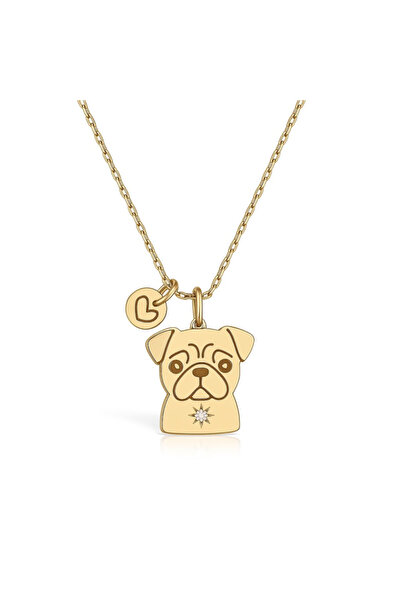 Bijuteria Hanny Lantisor din argint 925 placat cu aur 24K pandantiv catel Pug cu zirconiu