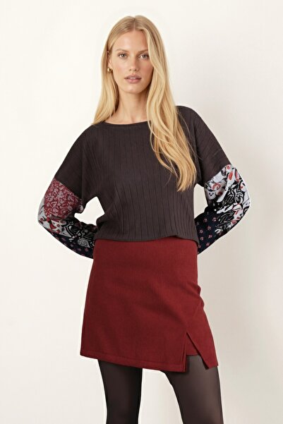 armonika Women's Dark Brown Handle Patterned Bubble Knit Sweater Arm-20K081001