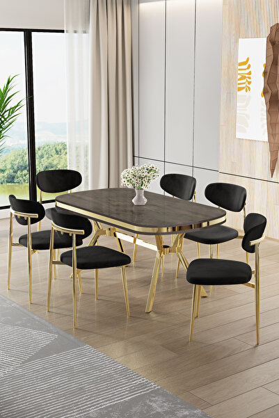 Canisa Olya Serisi 90x168 Lak Panel Antrasit İroni Masa Takımı Gold Ayaklı 6 ...