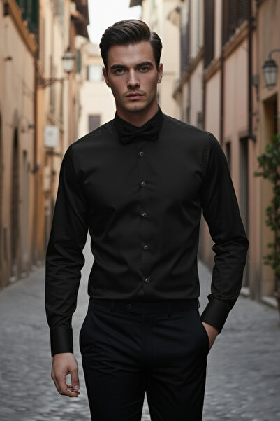 NAZEF Slim Fit Special Production Horse Collar Black Cotton Shirt (Groom's Shirt)