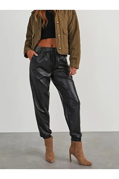 JANES Women's High Waist Elastic Front Buttoned Leather Pants