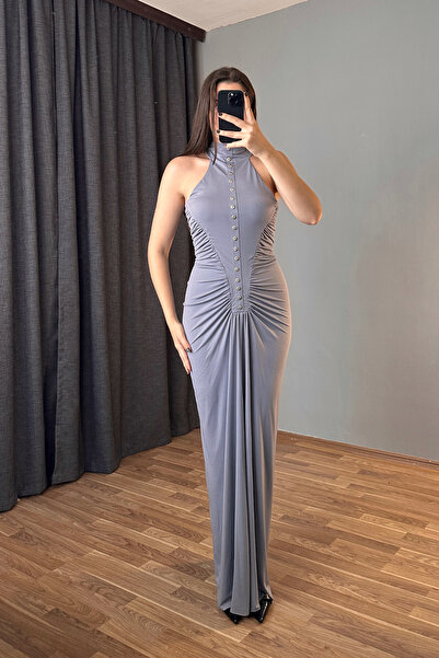 Sorridi Halter Neck Buttoned Draped Long Dress