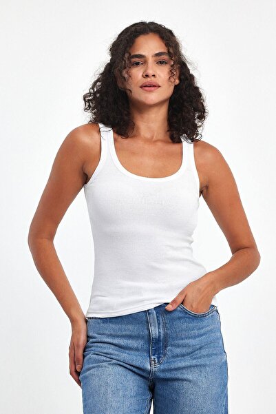 COMEOR Women's White Ribbed Look Thick Basic Tank Top with Straps