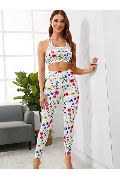 FridayIn Female Sports Round neck Flowers Slim Pants suit
